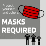 Protect yourself and others. Masks Required. Drawing of face mask and three people wearing masks.