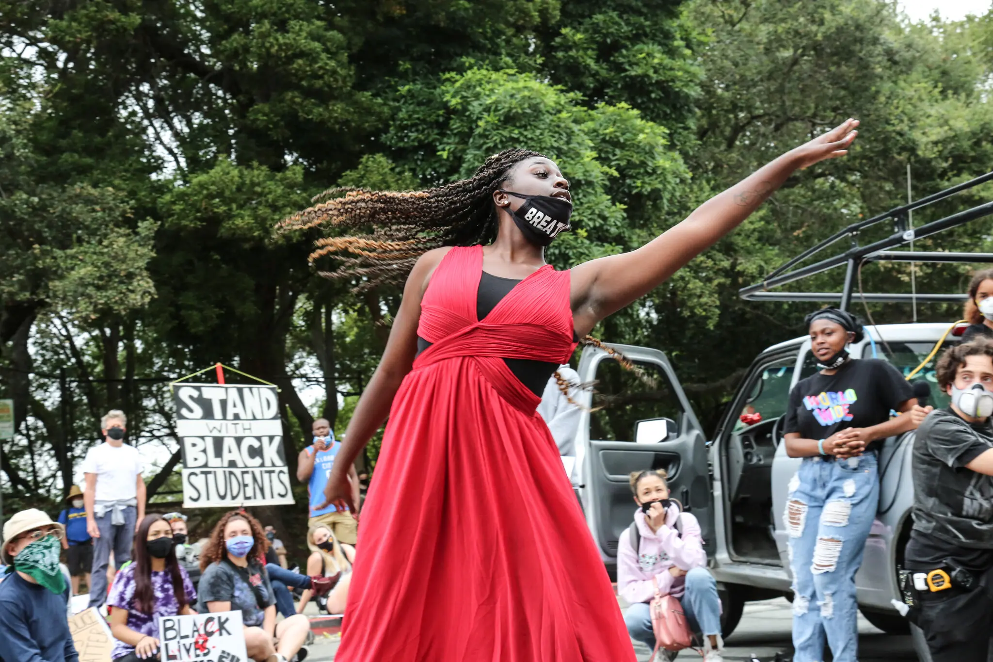 Taking a stand by moving around: Ny'Aja Roberson, 16, performed a freestyle praise dance at a protest in June - via NY Times